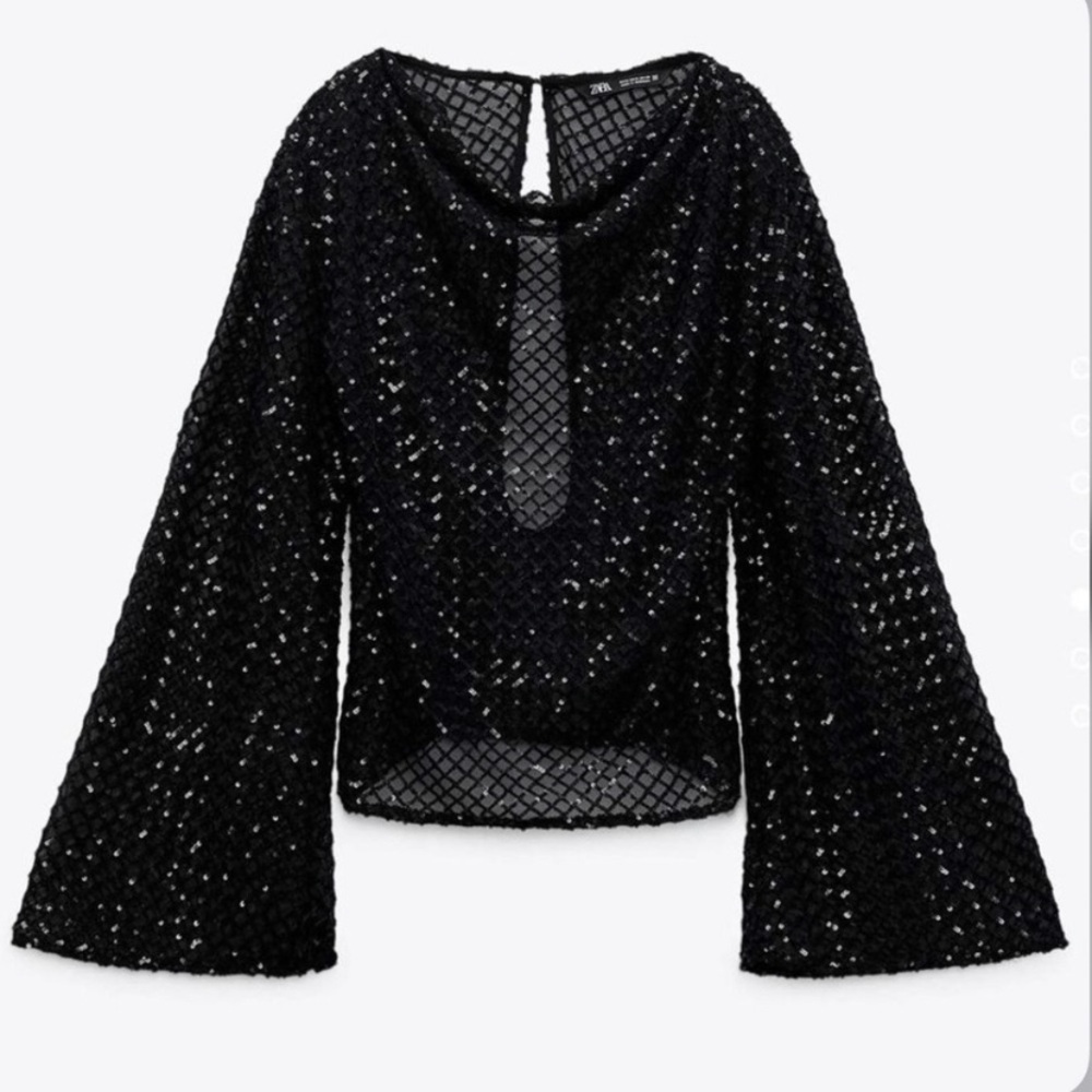 ZARA SEQUINED MESH TOP BLACK Small